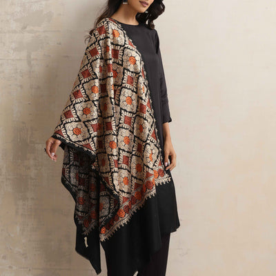 trueBrowns Black Embroidered Woollen Stole