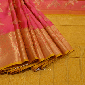 Pink With Mustard Yellow Bird Theme Pure Kanjivaram Silk Saree