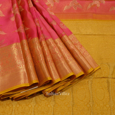 Pink With Mustard Yellow Bird Theme Pure Kanjivaram Silk Saree
