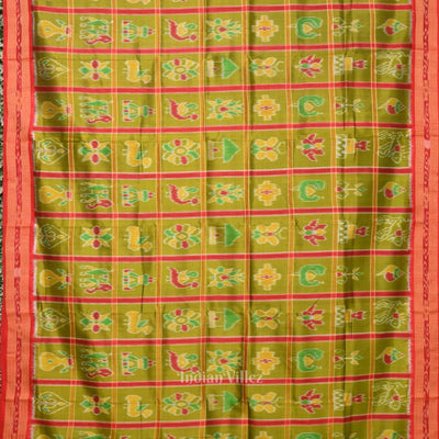 Mehendi Green Nabakothi Odisha Ikat Khandua Silk Saree with Nartaki Anchal