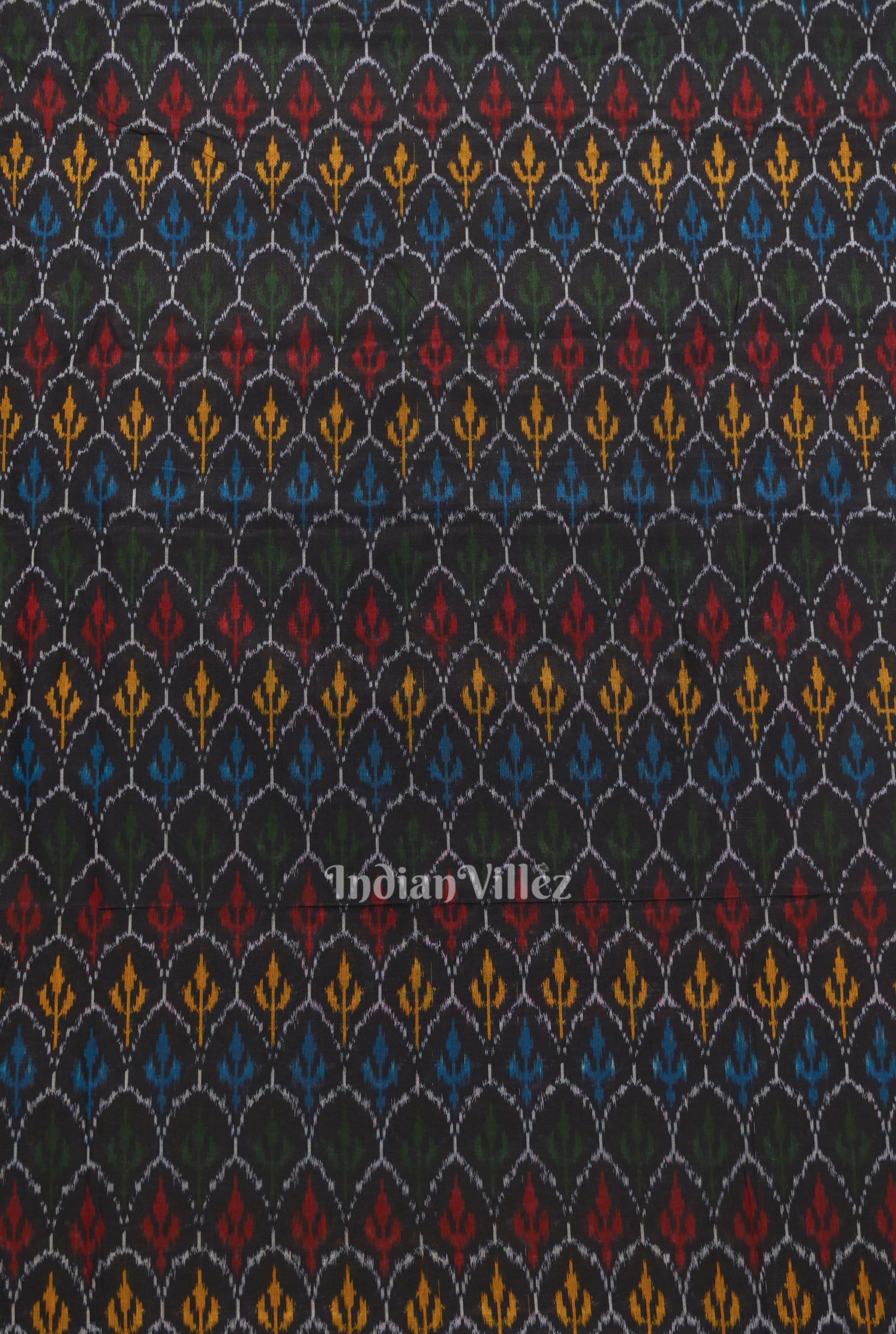 Black Tribal Motif Pochampally Ikat Silk & Cotton (Sico) Fabric