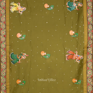 Mehendi Green Krishna Hand-Painted Pattachitra Saree