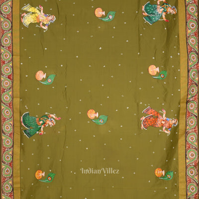 Mehendi Green Krishna Hand-Painted Pattachitra Saree