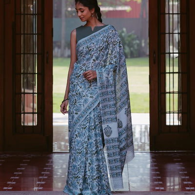 Turquoise Jaipur Cotton Saree With With Sanganeer style printed floral motifs