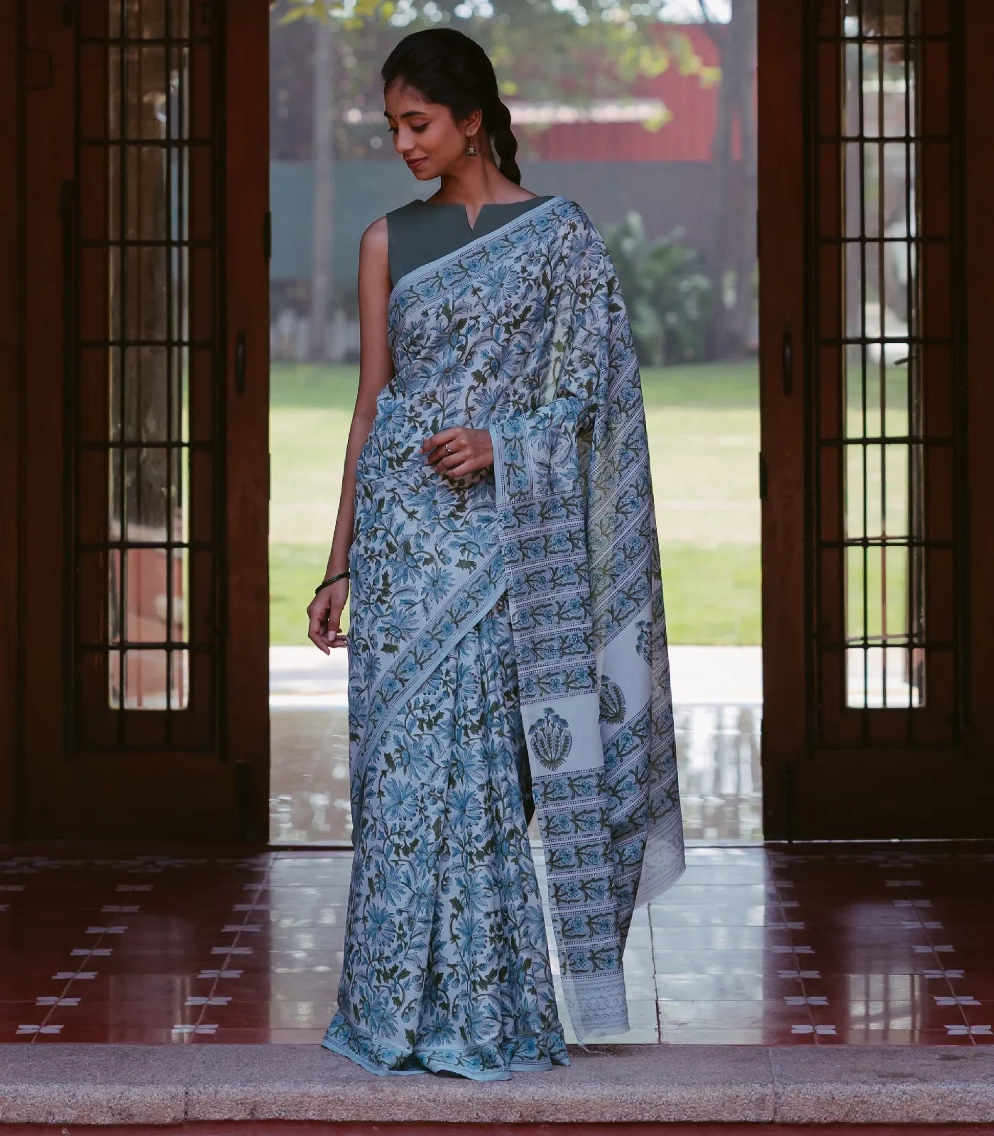 Turquoise Jaipur Cotton Saree With With Sanganeer style printed floral motifs