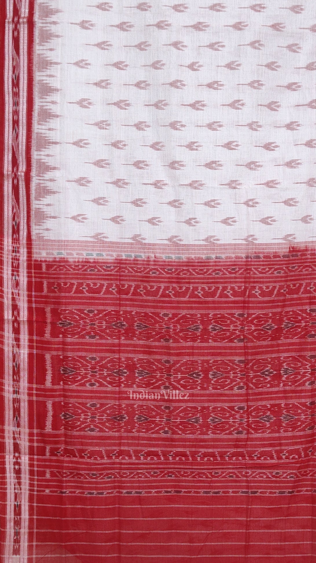 White Red Mayur Chandrika Maniabandha Cotton Saree