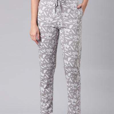 Women Printed Grey Cotton Knit Lounge Pants