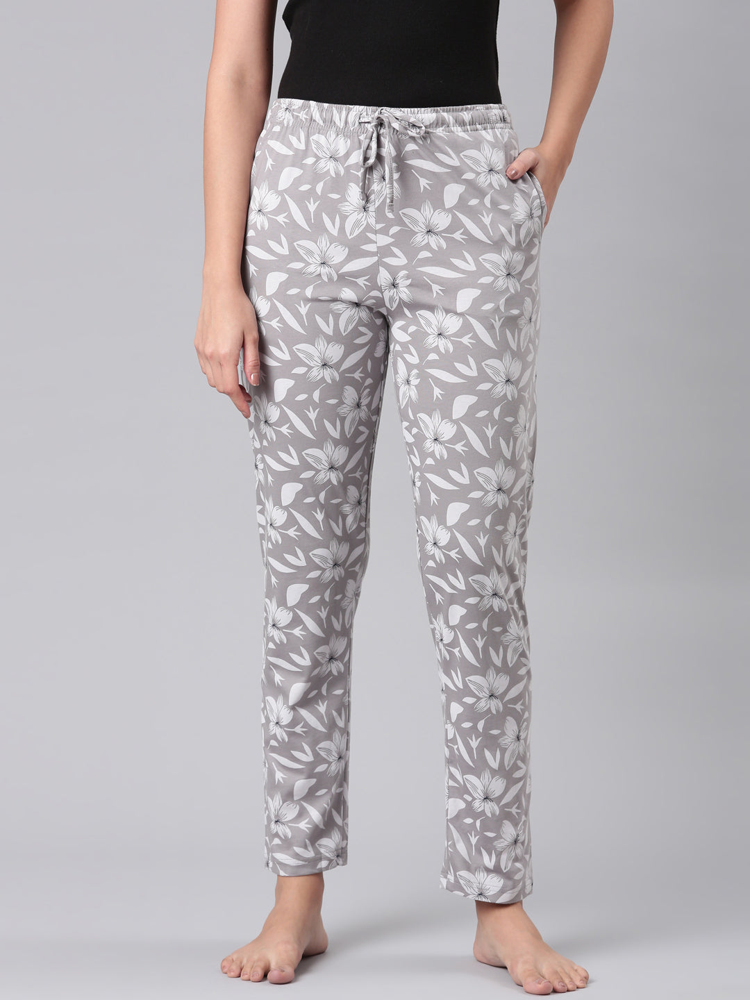 Women Printed Grey Cotton Knit Lounge Pants