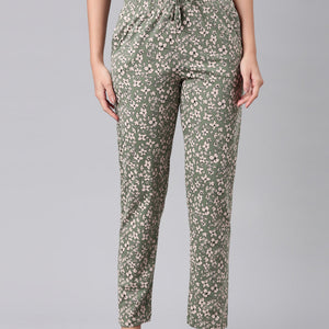 Women Printed Green Cotton Knit Lounge Pants