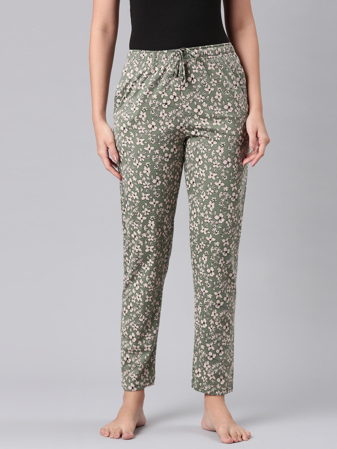 Women Printed Green Cotton Knit Lounge Pants