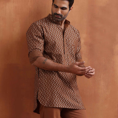 trueBrowns Men's Brown Cotton Dobby Short Kurta