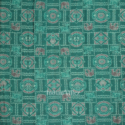 Green Elephant Theme Sambalpuri Odisha Ikat Cotton Fabric
