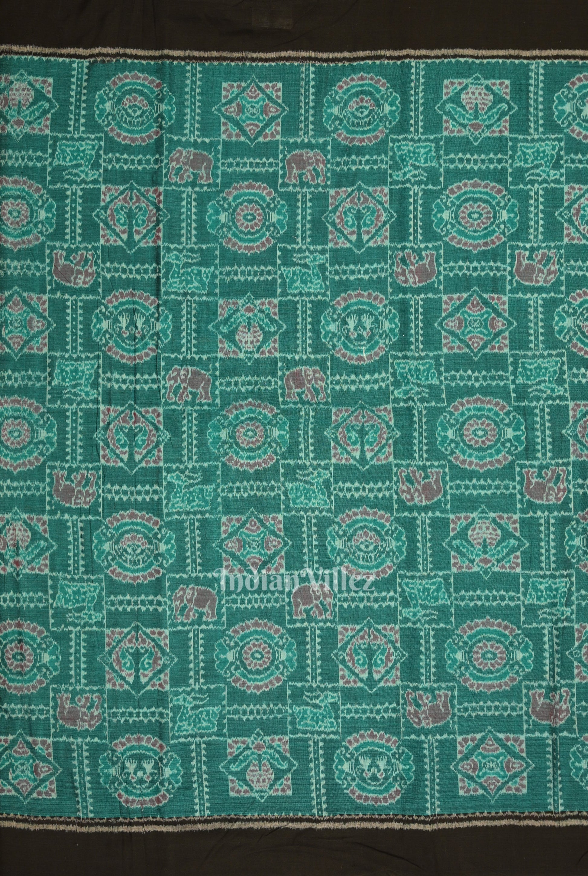 Green Elephant Theme Sambalpuri Odisha Ikat Cotton Fabric
