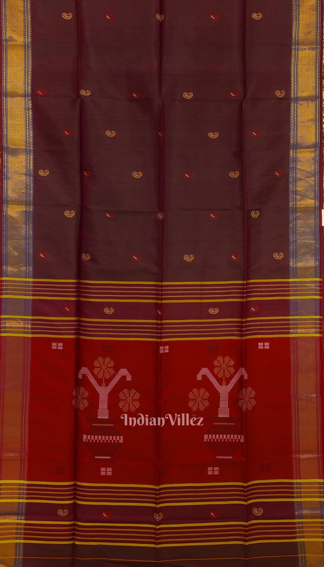 Red With Coffee Dual Tone Pure Bishnupuri  Silk Saree