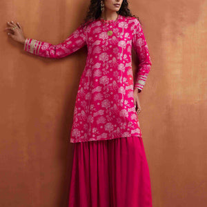 trueBrowns Red Print Sharara Set