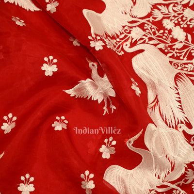 Red Parsi Gara Floral Motif Hand Embroidered Saree