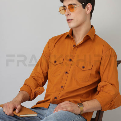 Frankshirt Double Pocket Mustard Solid Tailored Fit Cotton Casual Shirt for Man