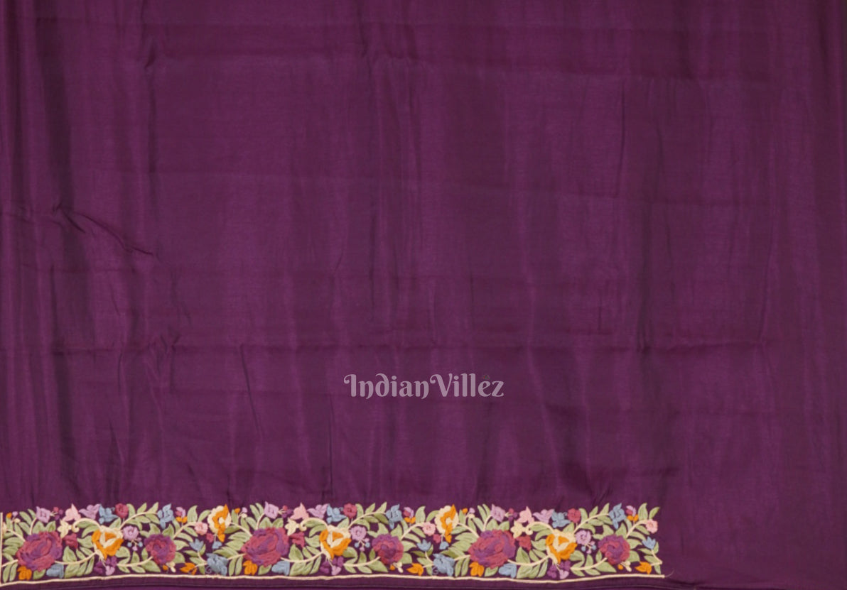 Maroon Parsi Gara Floral Motif Hand Embroidered Saree