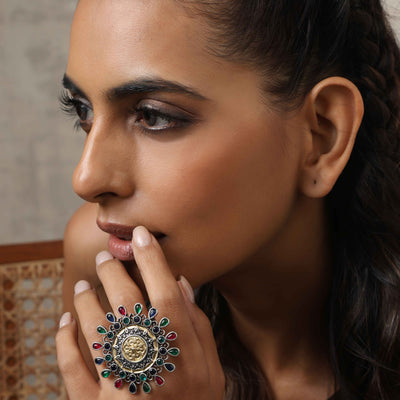trueBrowns Silver Gold Tone Mandala Ring