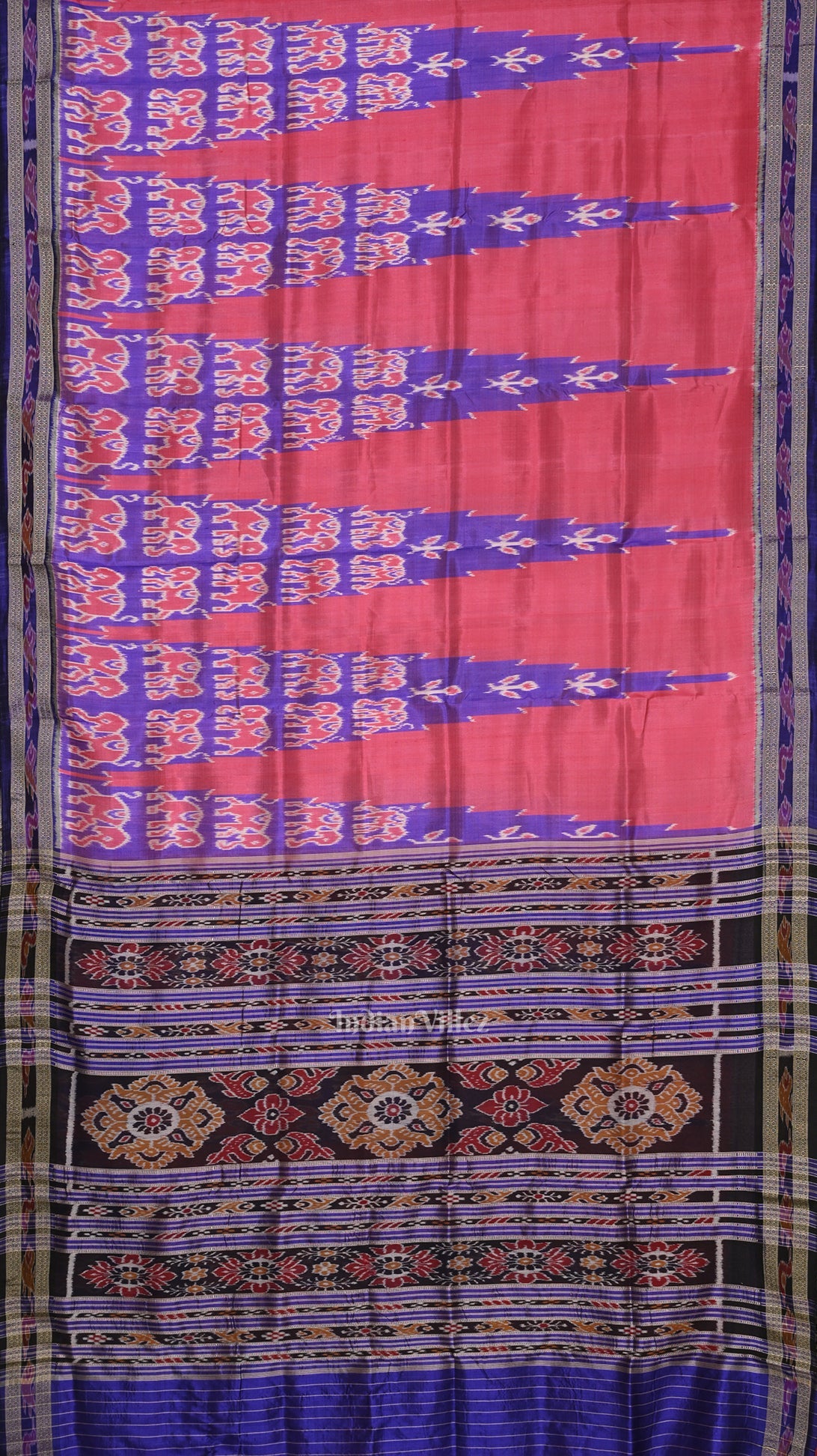Pink Blue Elephant Theme Odisha Ikat Khandua Silk saree