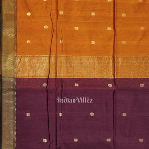 Purple Wine with Mustard Yellow Leaf Motif Pure Silk Cotton Maheshwari Saree