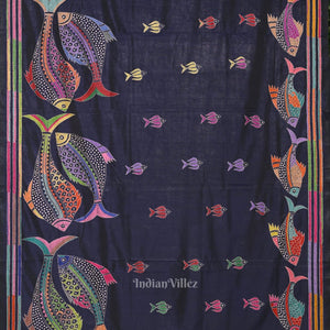 Navy Blue Handwoven Kantha Stitch Silk Saree