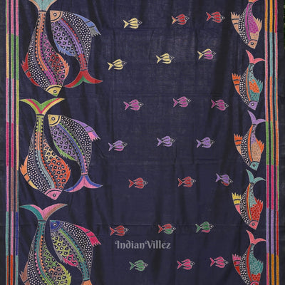 Navy Blue Handwoven Kantha Stitch Silk Saree