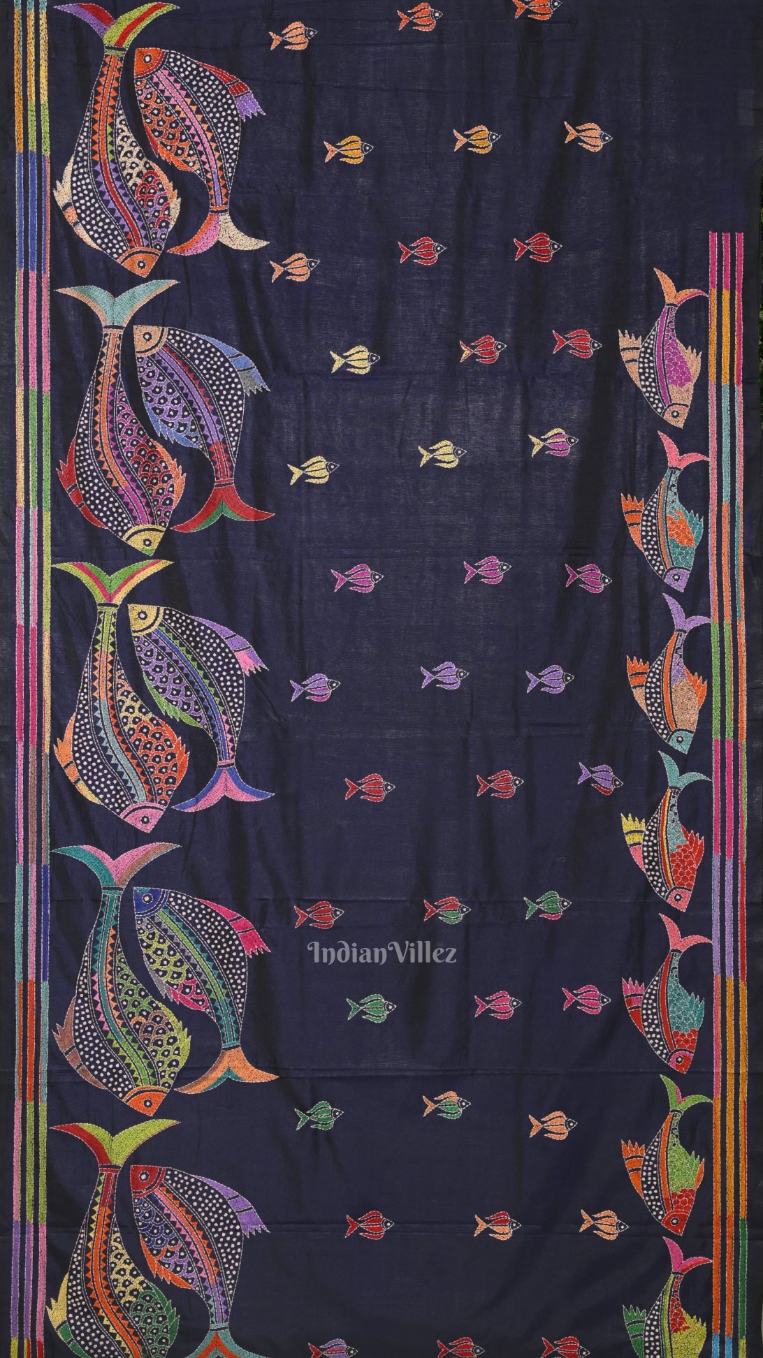 Navy Blue Handwoven Kantha Stitch Silk Saree