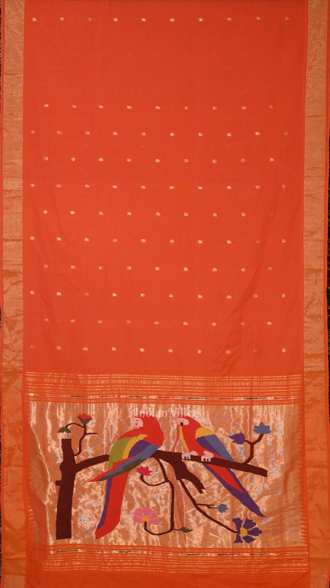 Orange Butta Design Cotton Paithani Saree