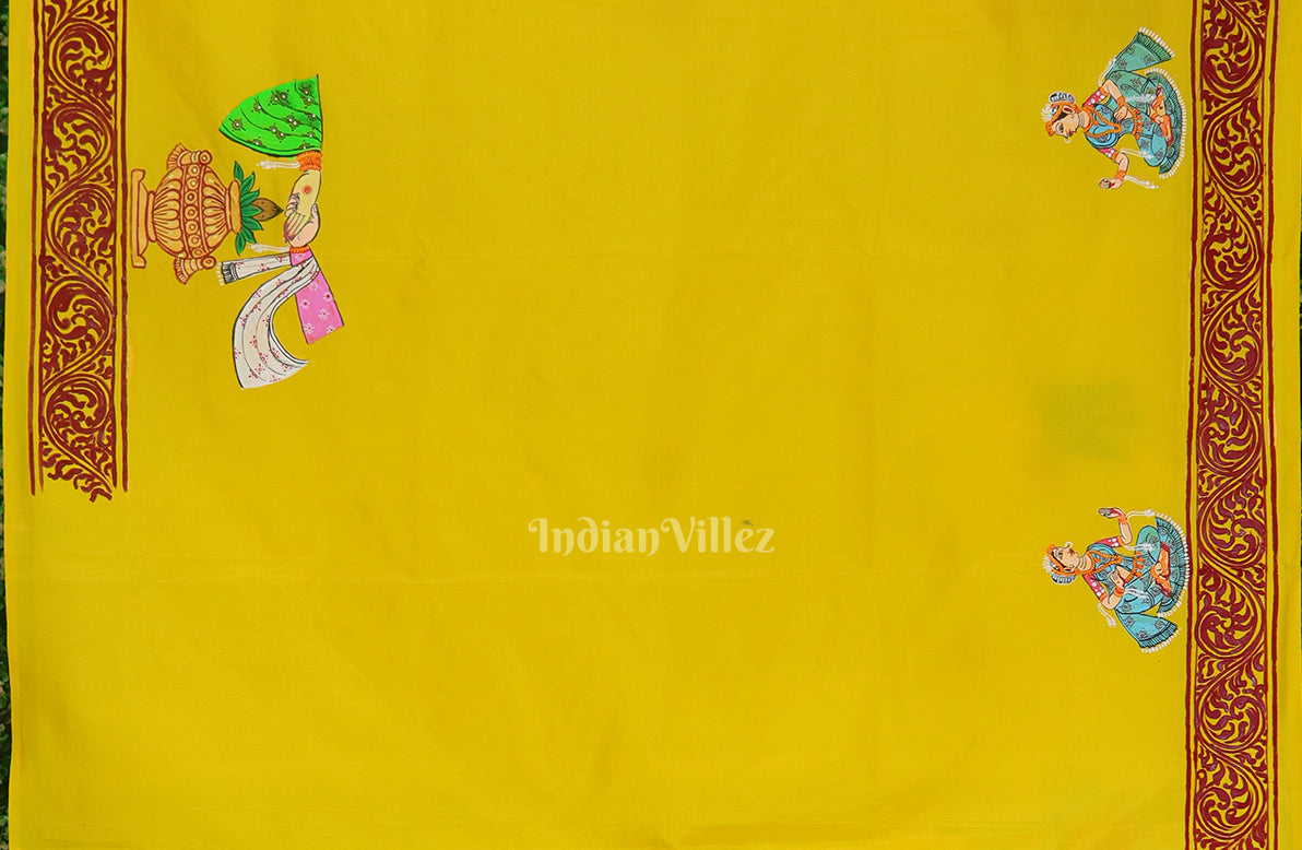 Yellow Doli Barat With Marriage Theme Hand-Painted Pattachitra Saree
