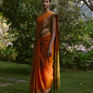 Orange Handloom Village Cotton Saree With Plus Buttas