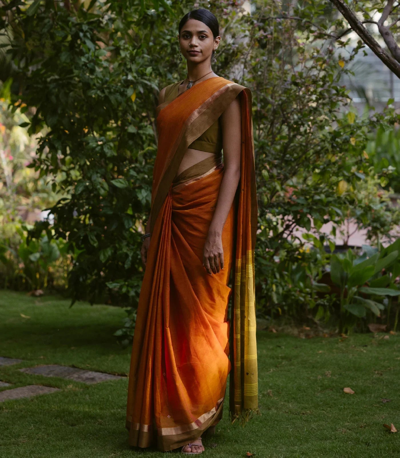 Orange Handloom Village Cotton Saree With Plus Buttas