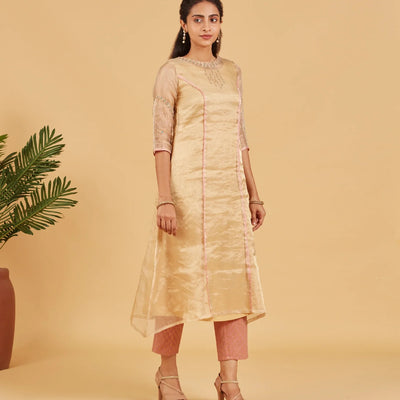 Beige And Gold Tissue Kurta