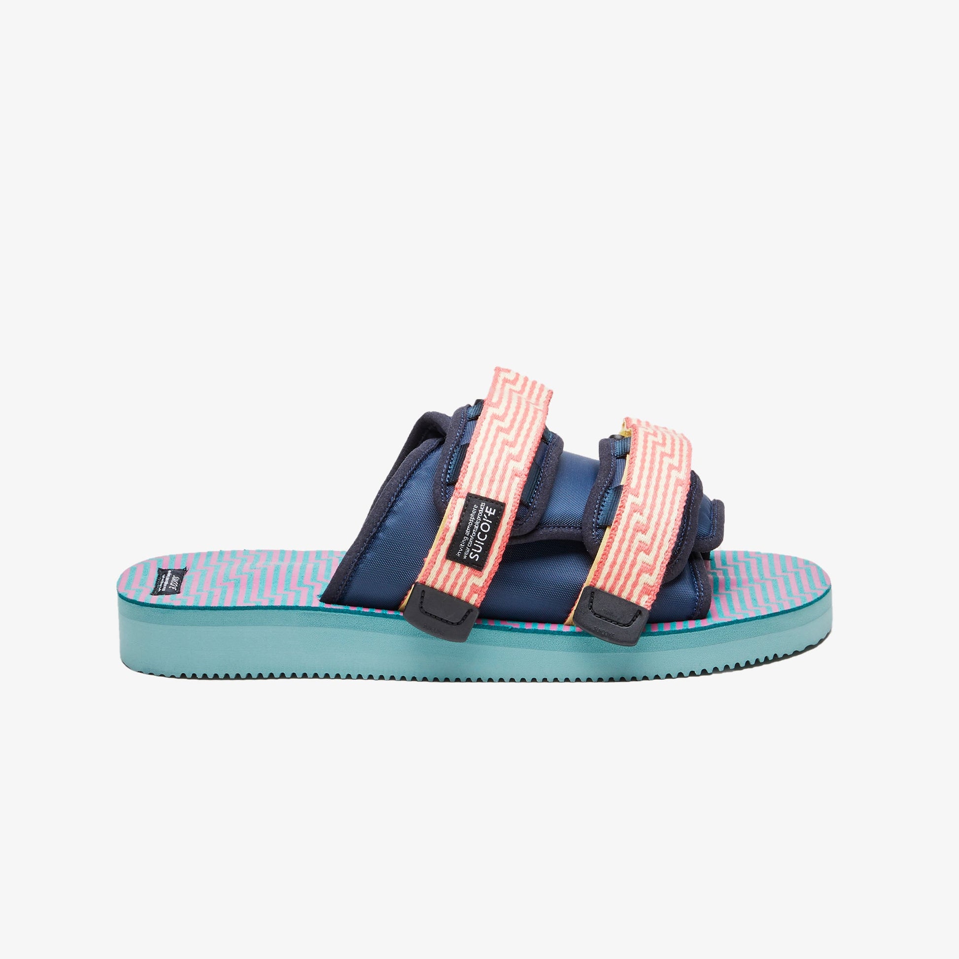 Suicoke | MOTO JACQUARD TOUCH-STRAP  { NAVY BLUE/CORAL PINK/SEA GREEN