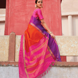 Orange Handloom Kanchipuram Silk Saree With Zari Checks-Orange