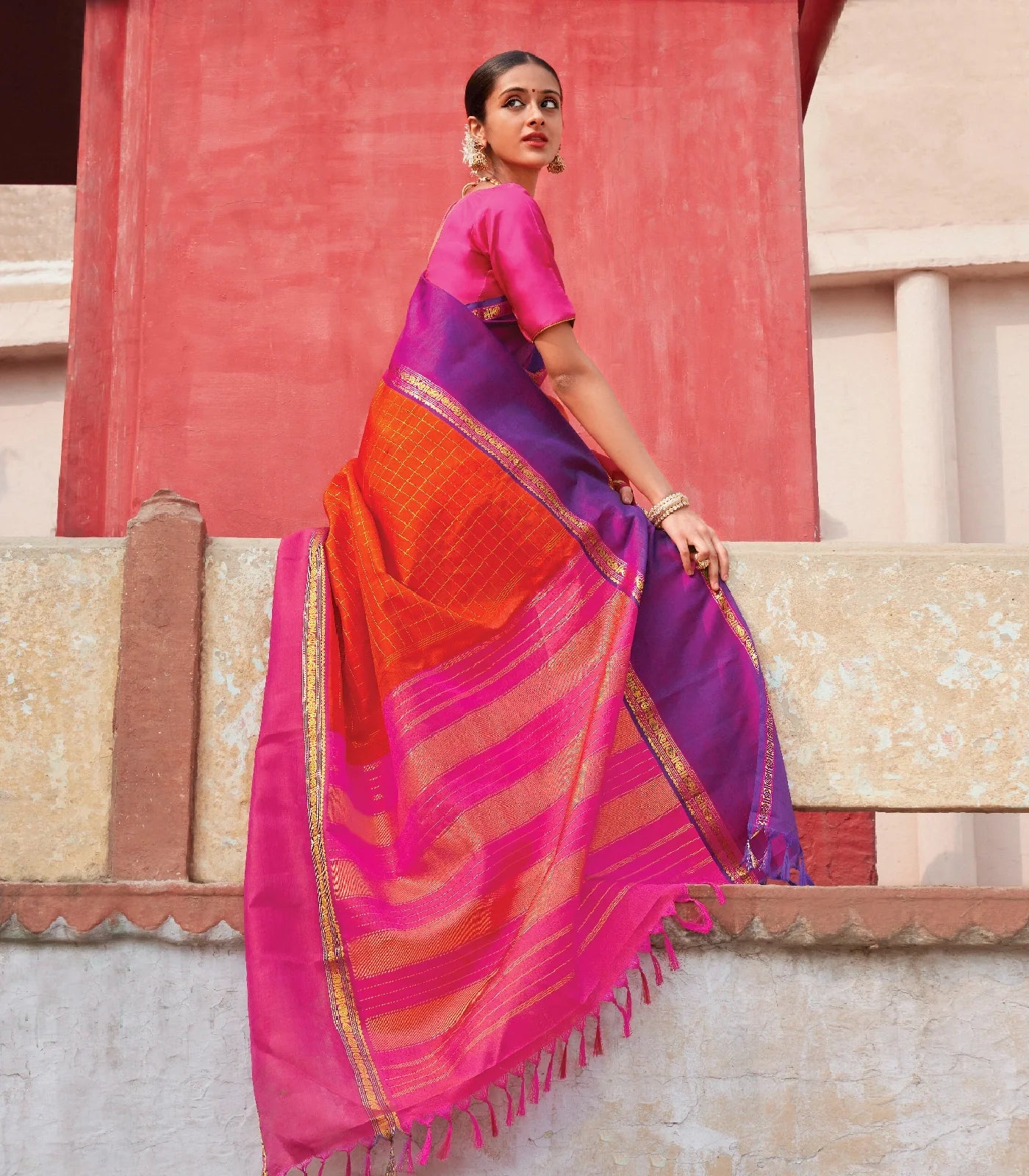 Orange Handloom Kanchipuram Silk Saree With Zari Checks-Orange