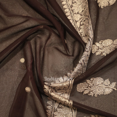 Deep Coffee Pure Khaddi Chiffon Banarasi Saree