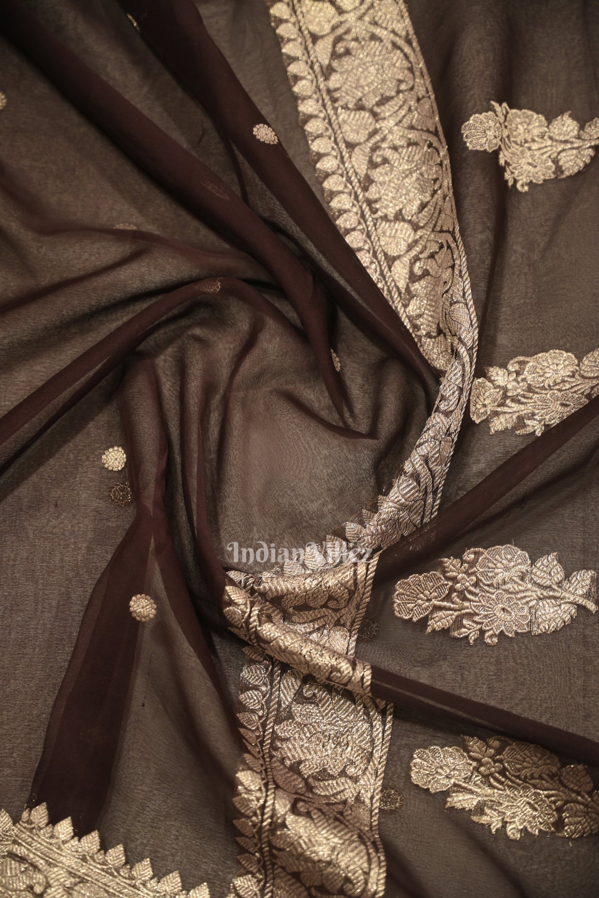 Deep Coffee Pure Khaddi Chiffon Banarasi Saree