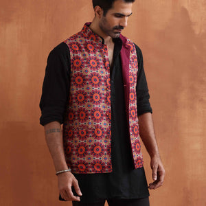 trueBrowns Men's Beige Printed Nehru Jacket