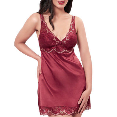 Eternal Bliss Satin Lace Babydoll - Red Berry