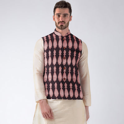 Black - Men Nehru Jacket in Bagh Block Printing
