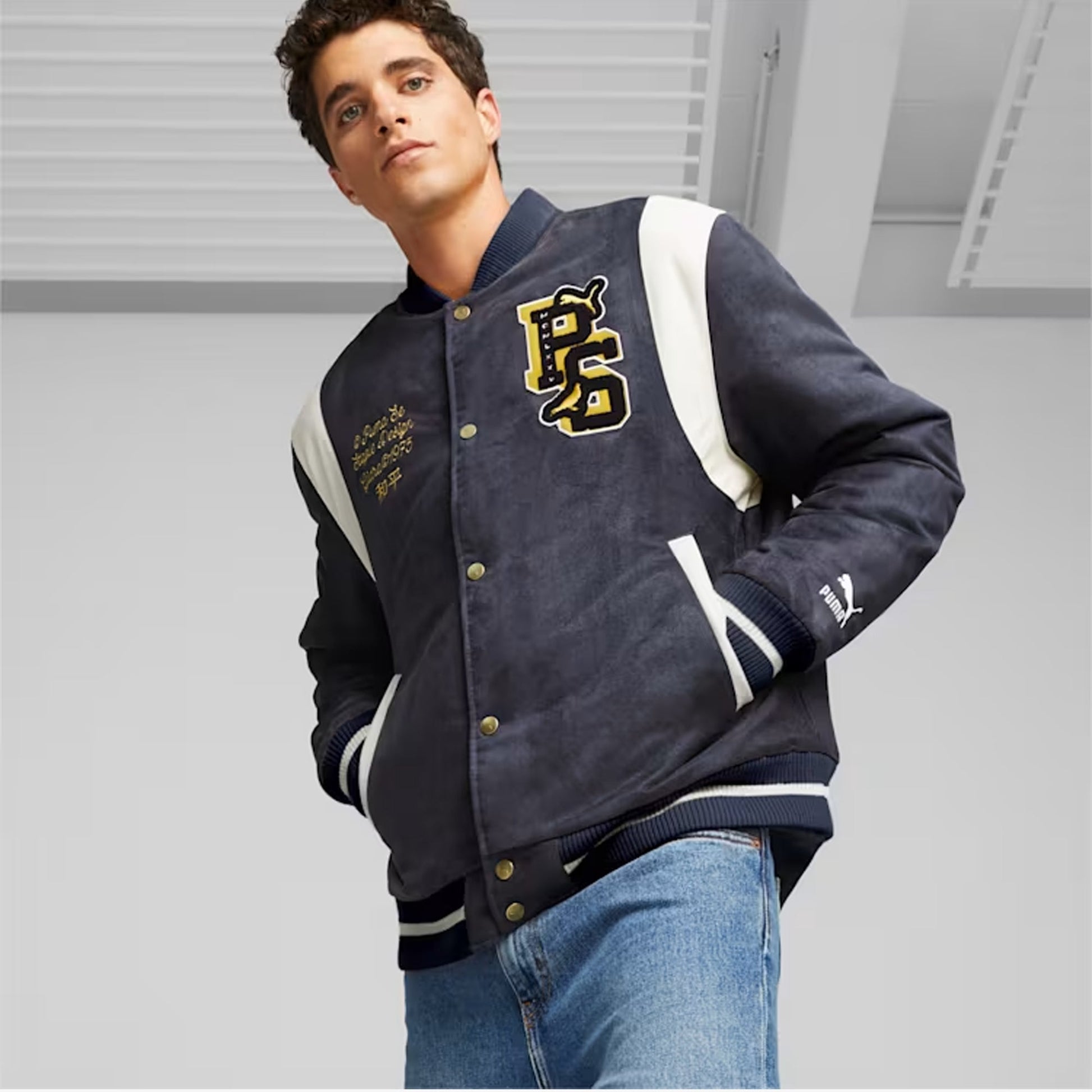 Puma | PUMA x STAPLE VARSITY JACKET  { NEW NAVY
