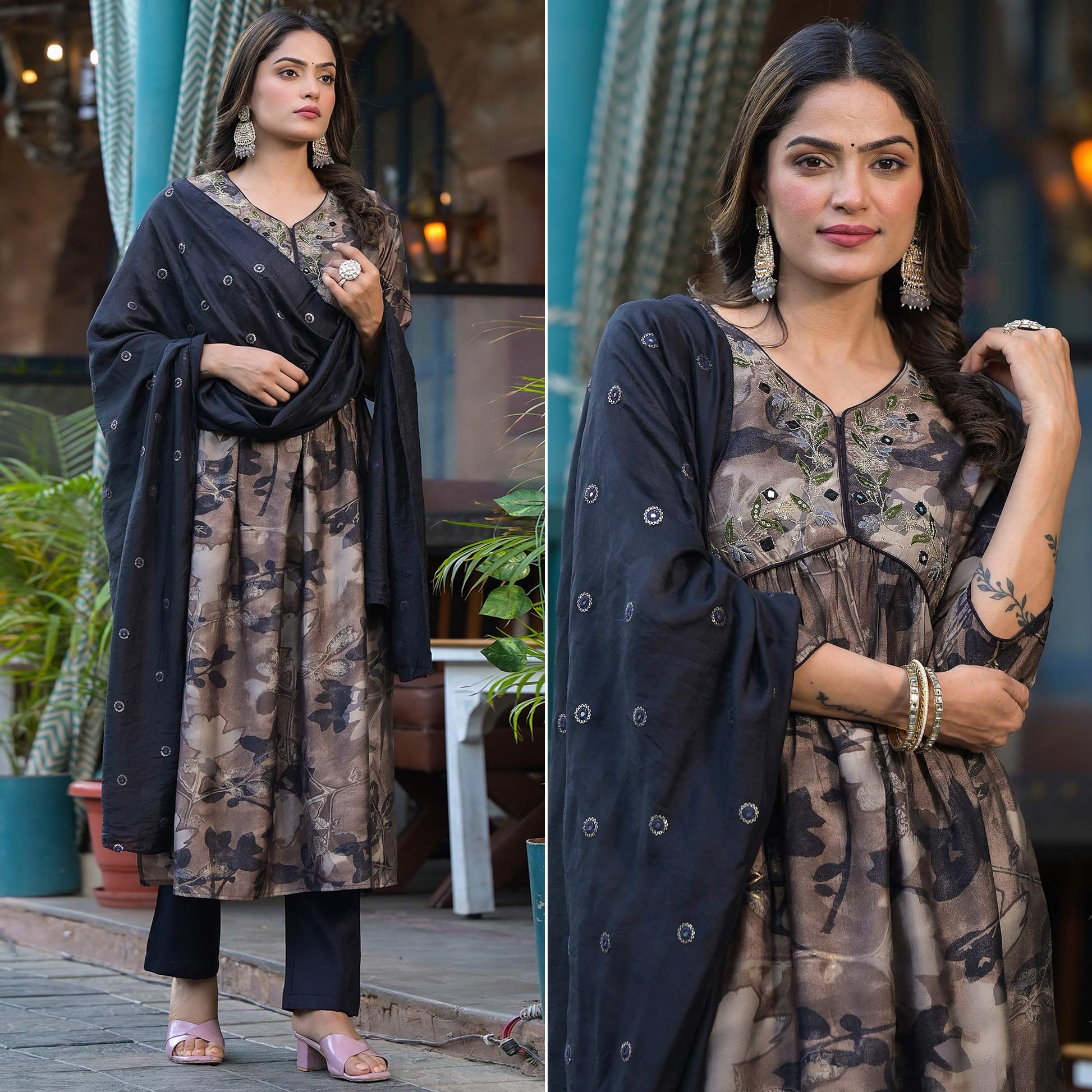 Chikoo & Black Floral Printed Alia Cut Chanderi Silk Salwar Suit