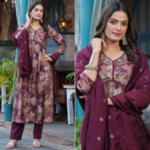 Chikoo & Wine Floral Printed Alia Cut Chanderi Silk Salwar Suit