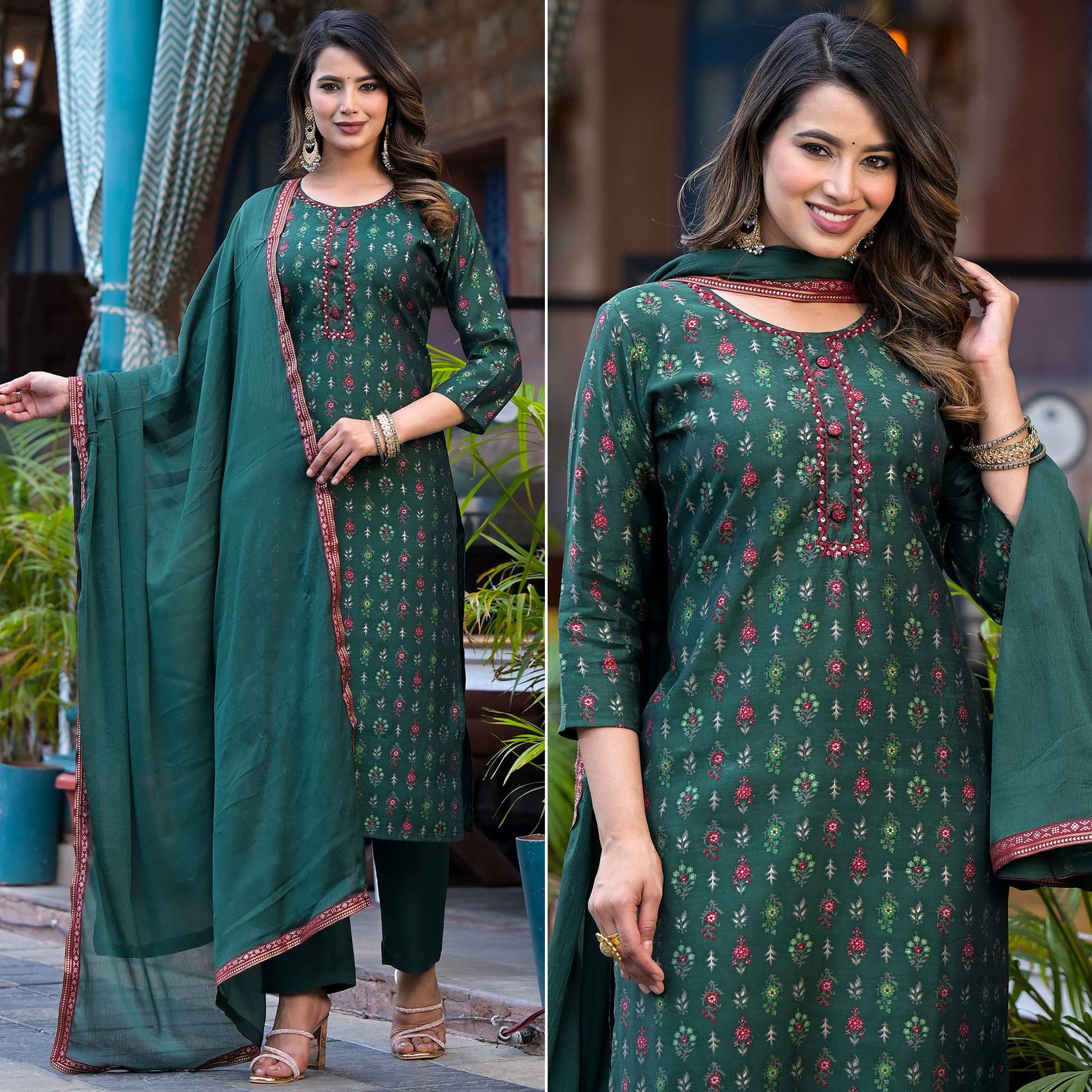 Bottle Green Floral Kantha Work Embroidered Chanderi Silk Salwar Suit