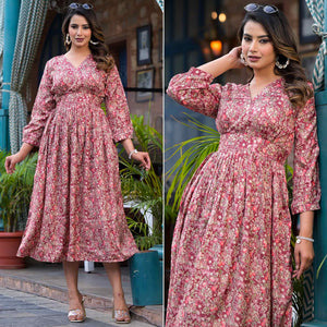 Burgundy Floral Printed Muslin A-line Dress