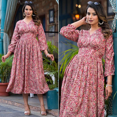 Burgundy Floral Printed Muslin A-line Dress