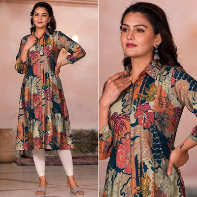green-floral-printed-chanderi-silk-a-line-dress