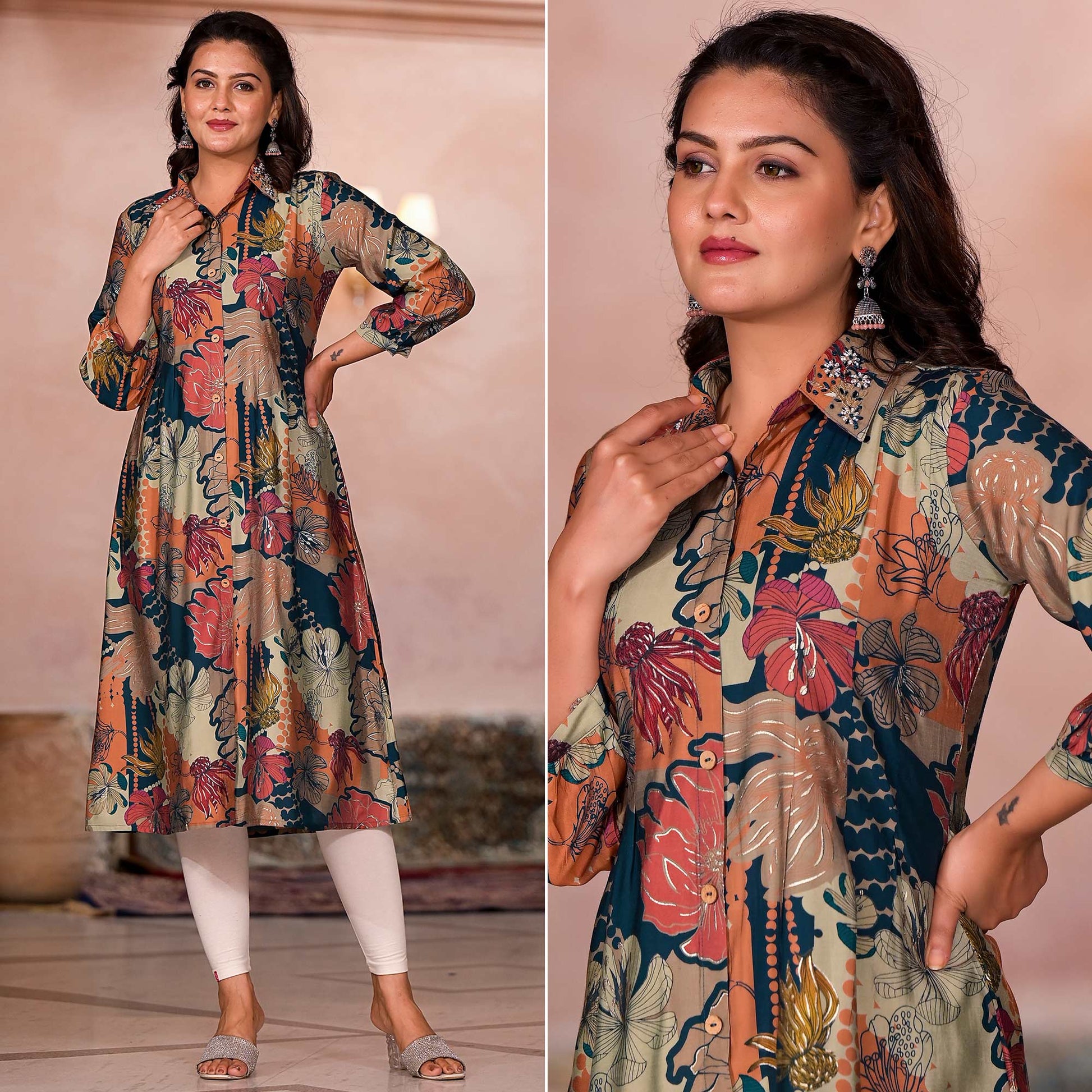 green-floral-printed-chanderi-silk-a-line-dress