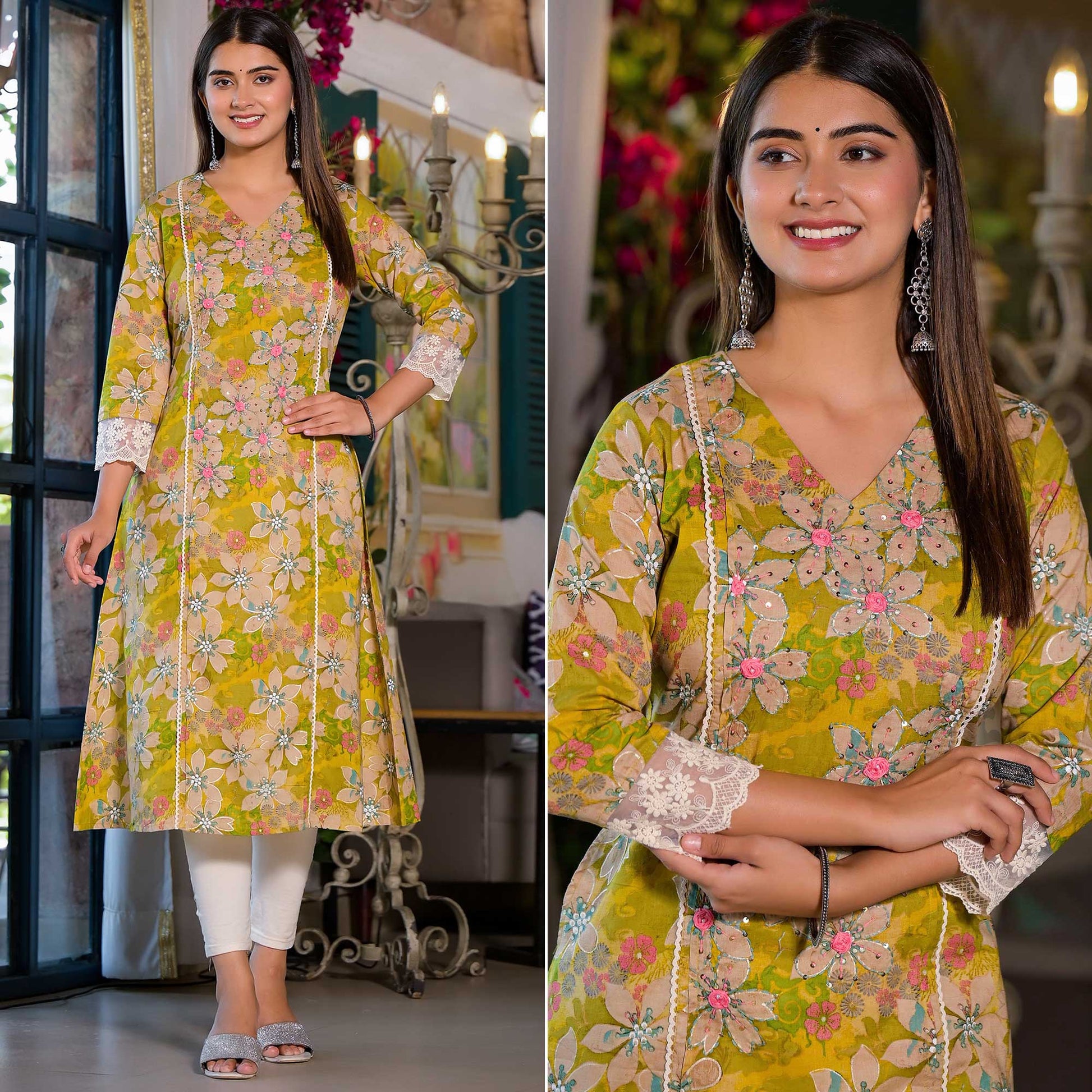 Dark Lemon Green Floral Printed Giza Cotton Maxi Dress